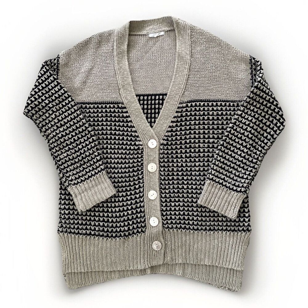 Pleione Boho Textured Button Cardigan SMALL oversized V-Neck Black Tan *READ*‎